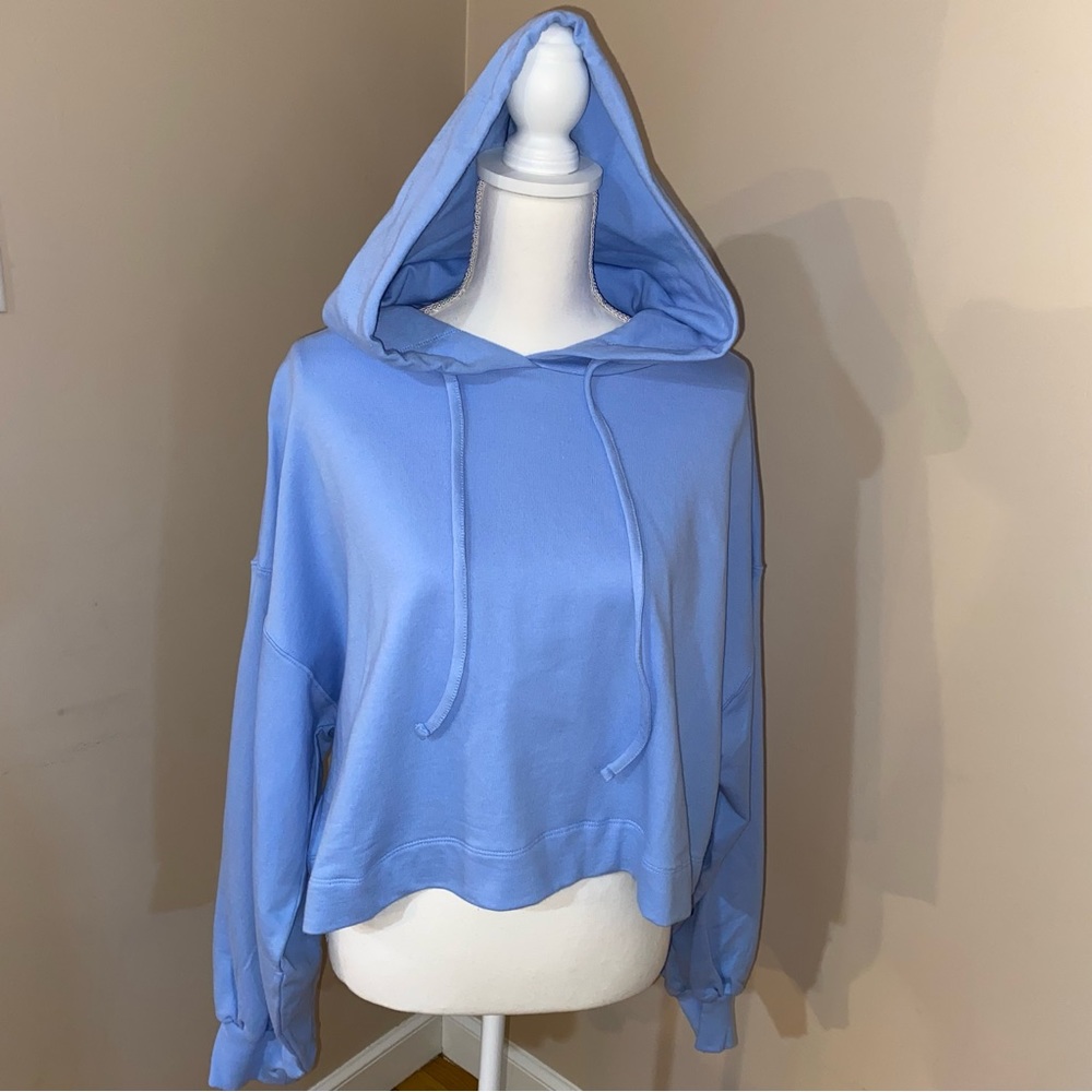 Summer Baby Blue Plus Size Cropped Puffy Sleeve Hoodie Sweatshirt